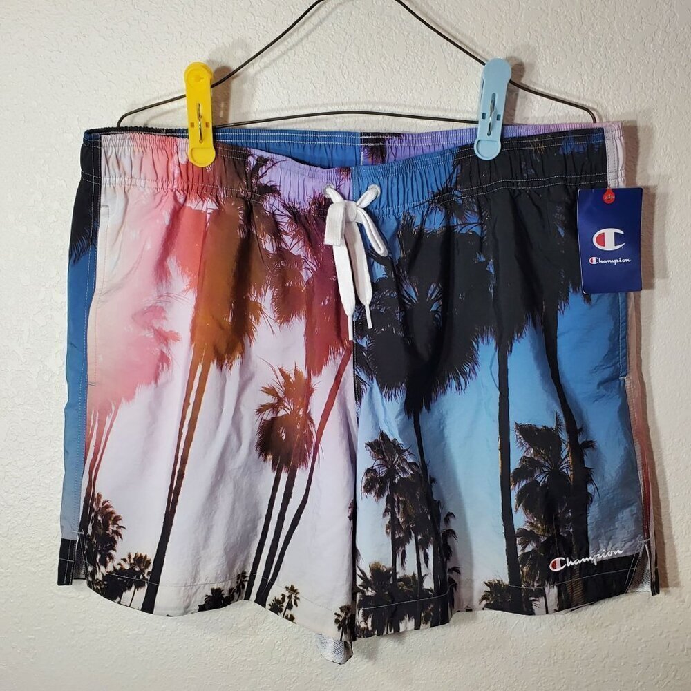 Champion Mens Large Swim Trunks Palm Tree Print Shorts With Drawstring Waist